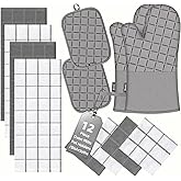 Oven Mitts Kitchen Towels and Dishcloths Pot Holders Sets, Oven Gloves Kitchen Dish Towels 500 Degree Heat Resistant Potholders with Non-Slip Silicone Surface for Cooking, Grilling, Baking-Gray