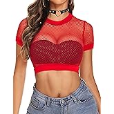 Avidlove Fishnet Crop Top for Women Y2K Short Sleeve See Through Shirt O Neck Pullover Blouse