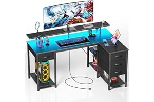 Seventable L Shaped Computer Desk with Drawers 55.1 inch, Gaming Desk with Power Outlets & LED Lights, Reversible Office Desk with Storage Shelves, Corner Desk with Monitor Stand Black