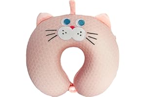 DARLER Kids Neck Pillow for Traveling | Soft Memory Foam Support | Removable & Washable Cover | Portable Design for Airplane & Road Trip | Pink Cat | Recommended for Toddlers & Children