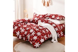 JSD Red Buffalo Plaid Snowflakes Duvet Cover Set Queen Size, 3 Piece Christmas Winter Printed Microfiber Comforter Covers