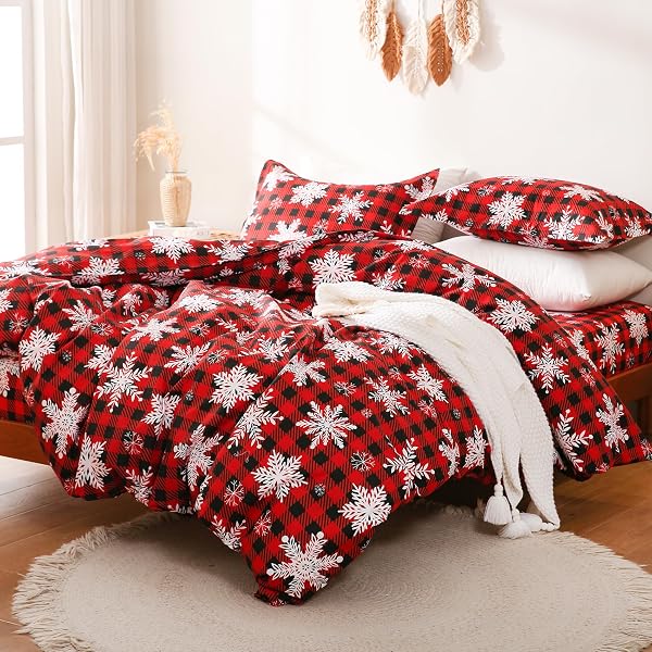 JSD RED BUFFALO PLAID SNOWFLAKES CHRISTMAS WINTER DUVET...