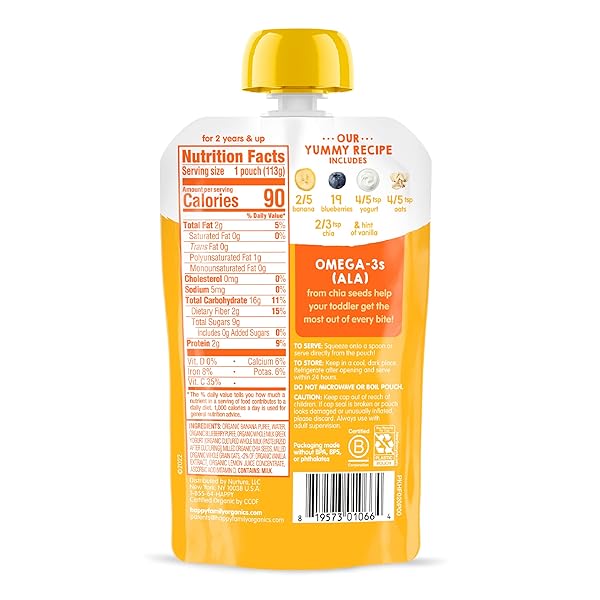 HAPPY TOT ORGANICS STAGE 4 BABY FOOD POUCHES, GLUTEN FREE, SUPER MORNING FRUIT & OAT BLEND, BANANAS, BLUEBERRIES, YOGURT, OATS & CHIA, 4 OZ (PACK OF 8)