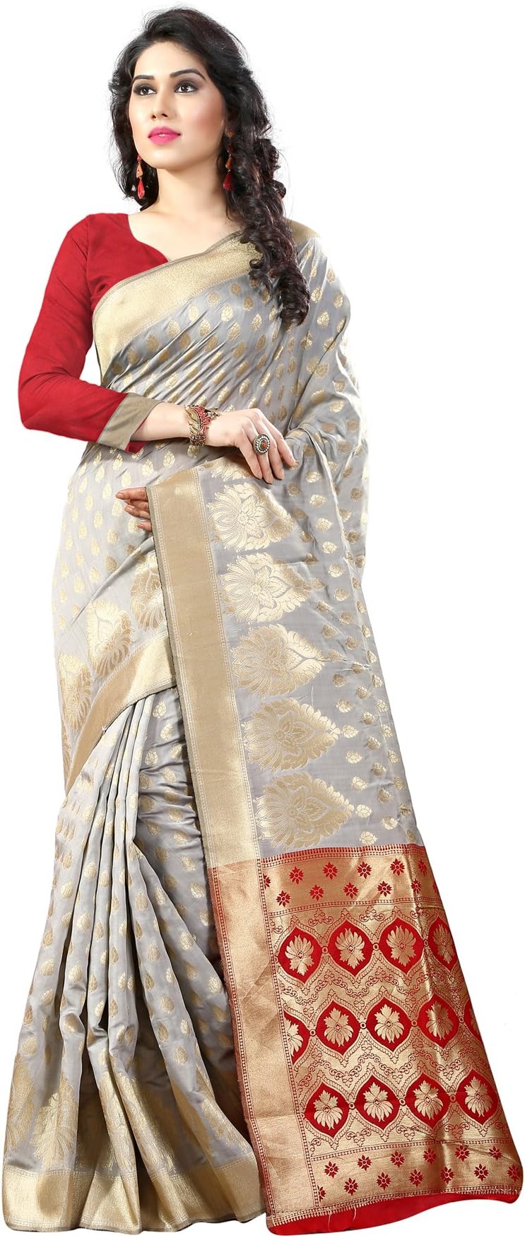 Shree Sanskruti Art Silk with Blouse Piece Saree (Sathiya Banarasi 6 Grey Red FS)