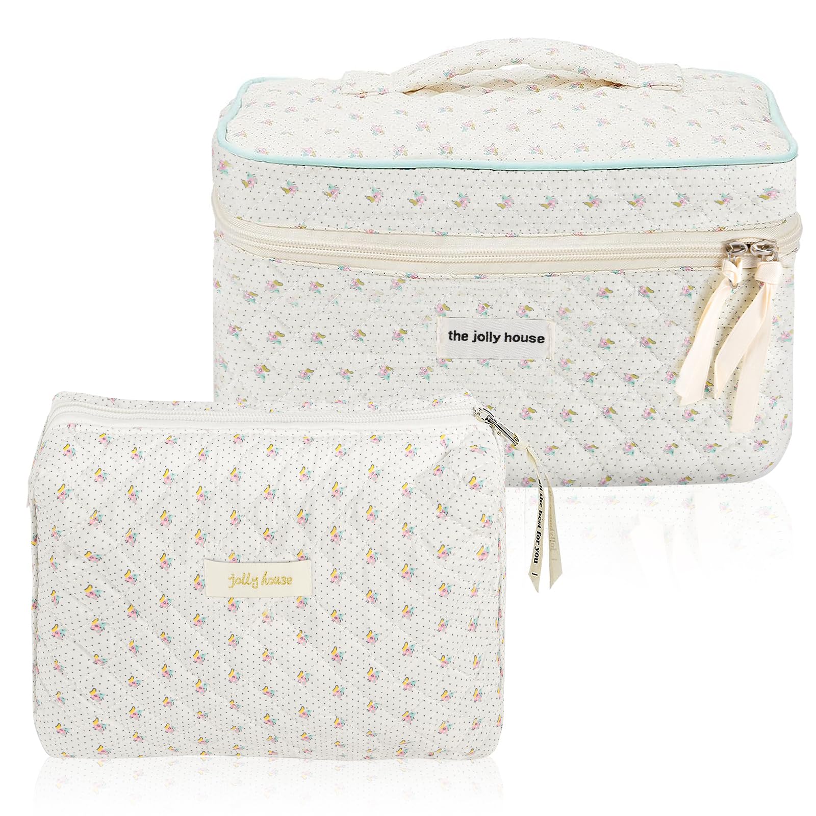 Aucuu Cotton Makeup Bag, Portable Travel Cosmetic Bag, Large Capacity Floral Toiletry Bags, Quilted Wash Bags Organizer for Women Girls