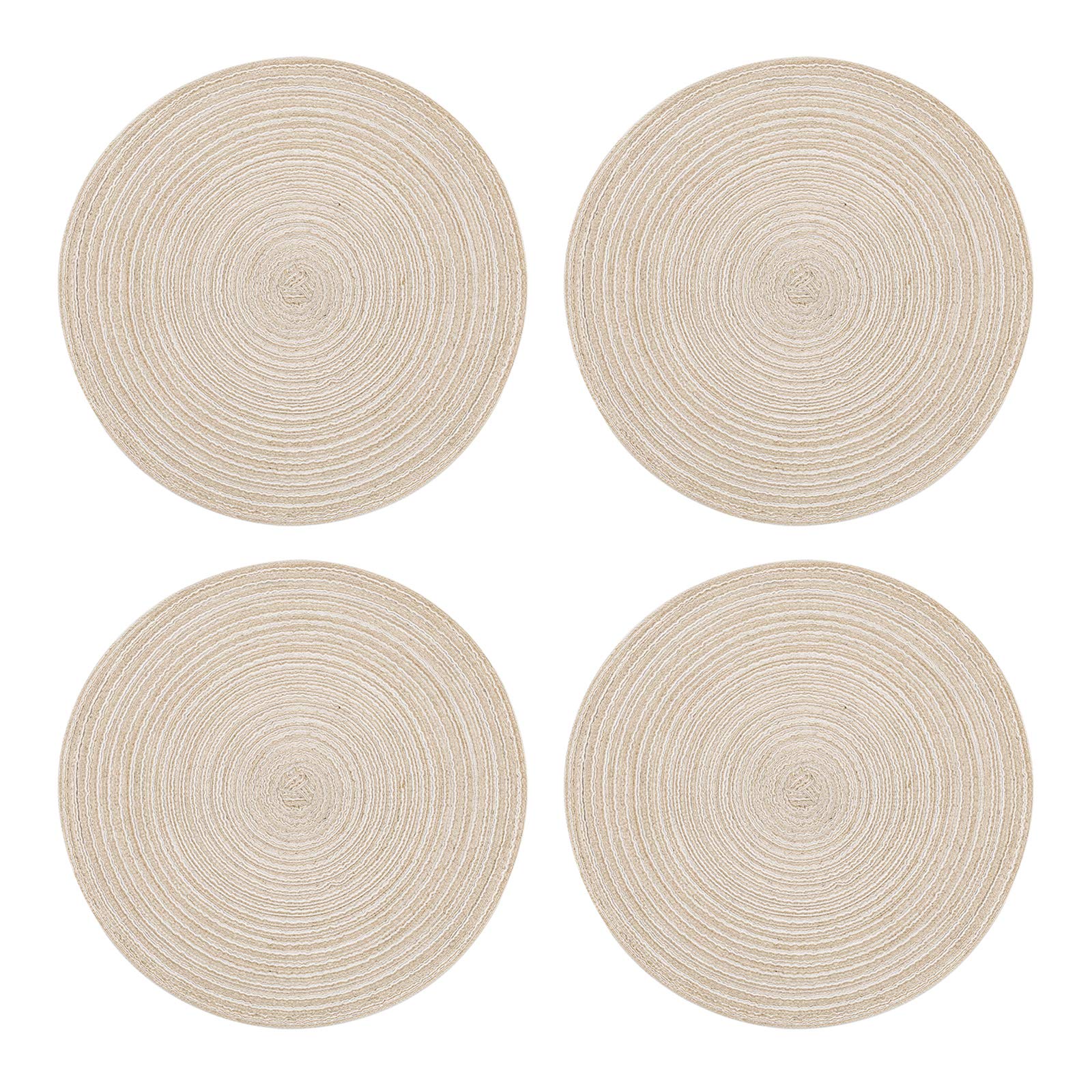 Topotdor 14 Inch Round Placemats Heat-Resistant Stain Resistant Anti-Skid Washable Polyproplene Table Mats Placemats (Beige, Set of 4)