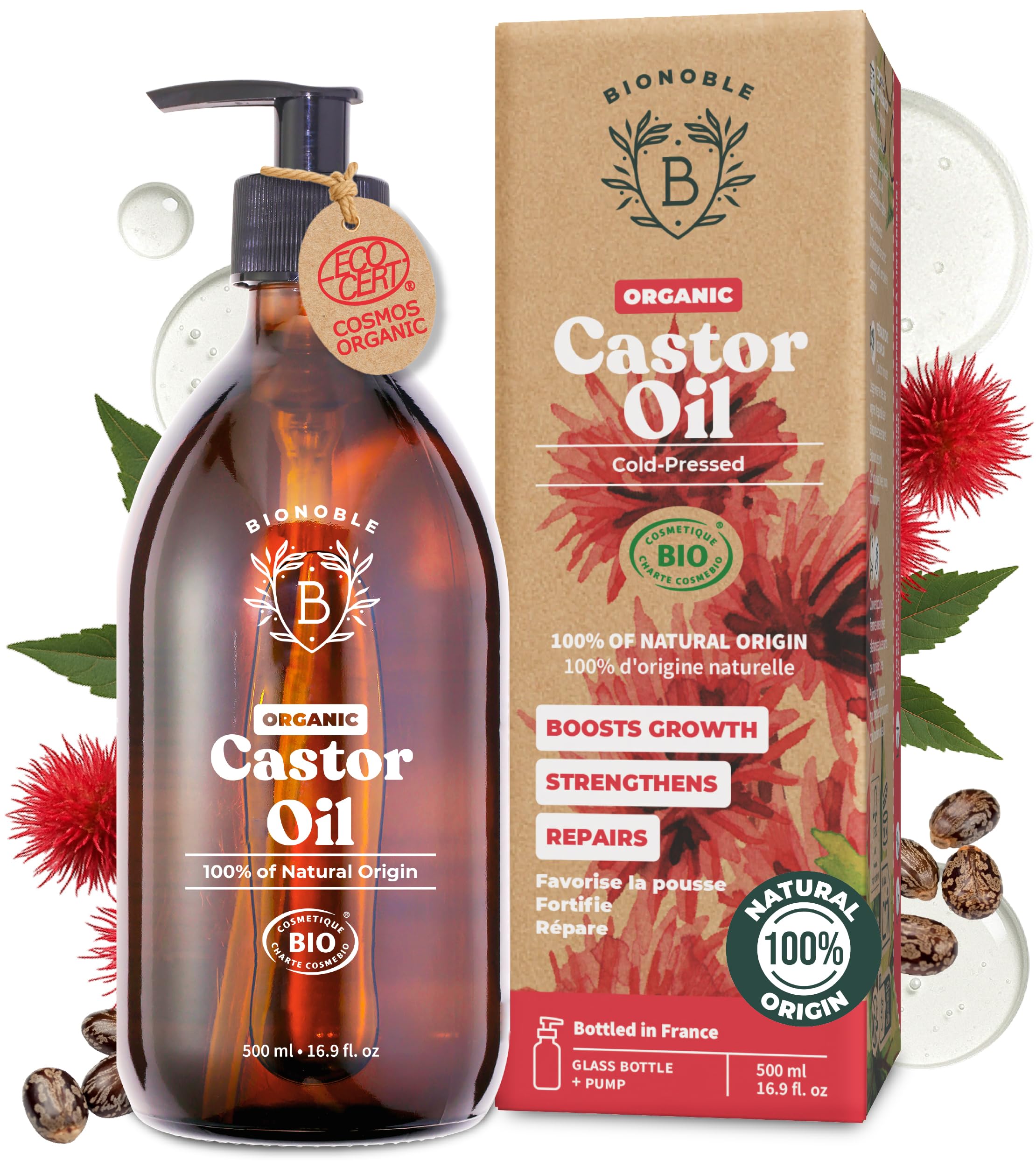 BIONOBLE Organic Castor Oil Cold Pressed - Hexane Free, 100% Natural - Pure Castor Oil Organic for Eyelashes, Hair Growth, Eyebrows, Skin, Face - Glass Bottle and Pump - 500ml
