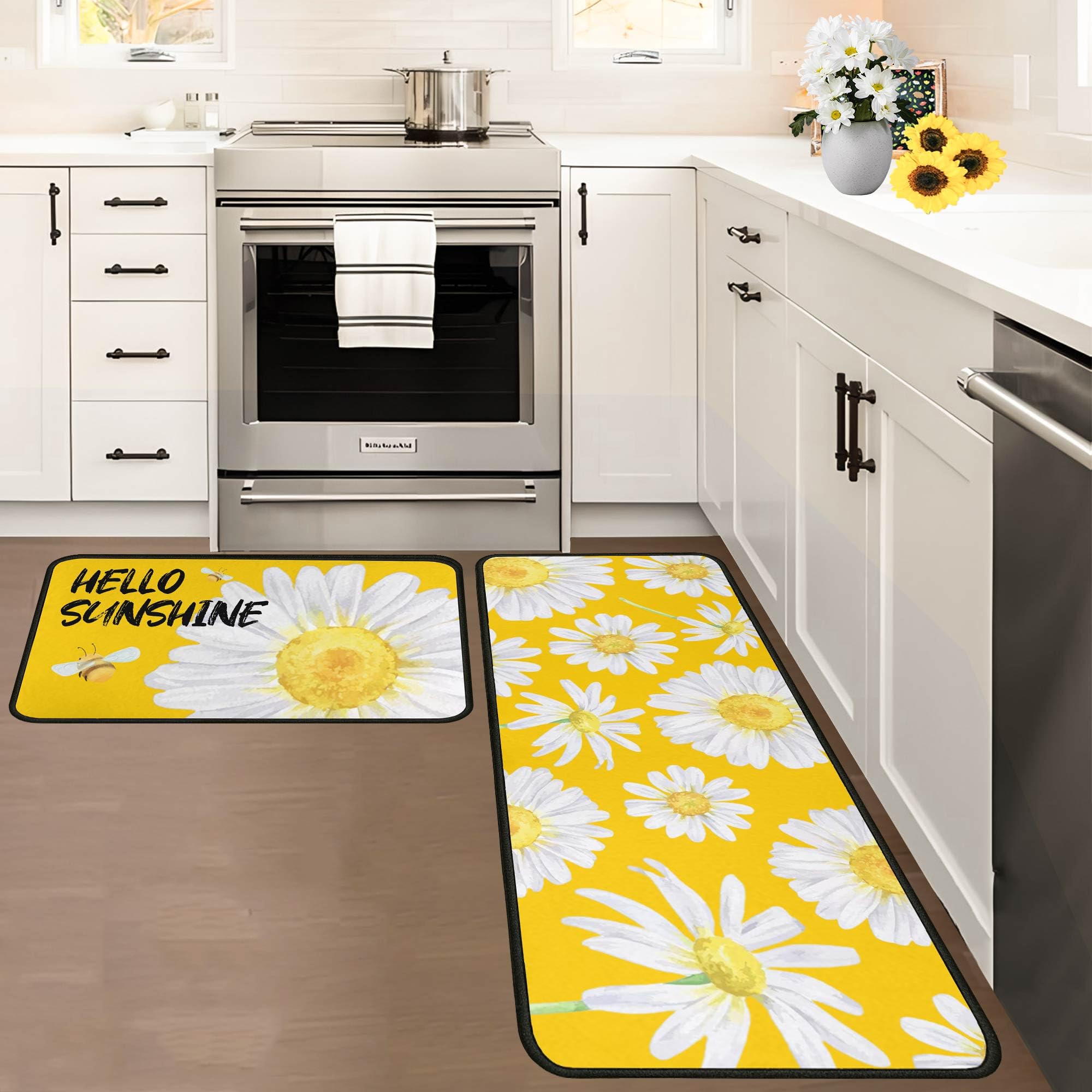 Photo 1 of Sunflower Sunshine Spring Summer Kitchen Rugs and Mats Set of 2, Seasonal Non-Slip Floor Mats for Home Kitchen Decor 17"x47"+17"x30" Yellow