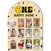 R HORSE My First Year Photo Frame Board, 3D One Happy Dude Birthday Decoration Display Wood Board, Baby Boy First Year Picture Frame 12 Months Milestone 1st Birthday Nursery Decor Gift