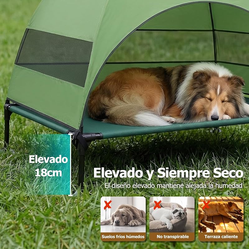 Cama elevada para Perros al Aire Libre con Techo, Tumbona Plegable con pies Antideslizantes, Tienda para Perros al Aire Libre con Gran Sombra, Cama elevada para Camping, jardín, Playa (Verde, L)