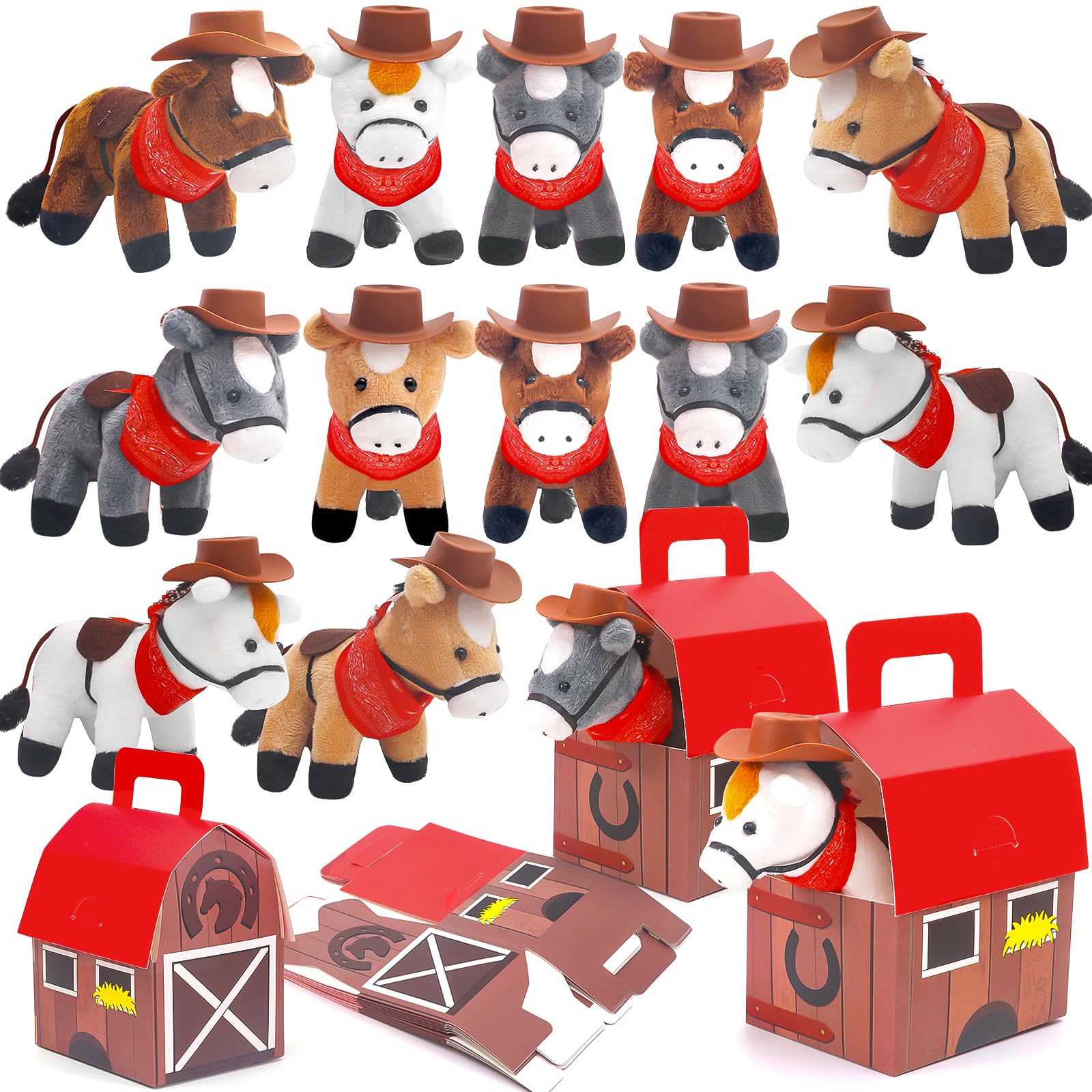 HAPGFS 12 Pcs Mini Plush Horse Stuffed Animal with Keychain, Horse Party Favors Goodie Bags, Animals Bulk Gift Toys with Carton Horse House for Birthday Party Supplies