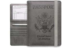 WALNEW Passport Holder Wallet, RFID Blocking Passport Cover Case PU leather Card Holder with Pen and Clear Card Slot for Women Men, Gray