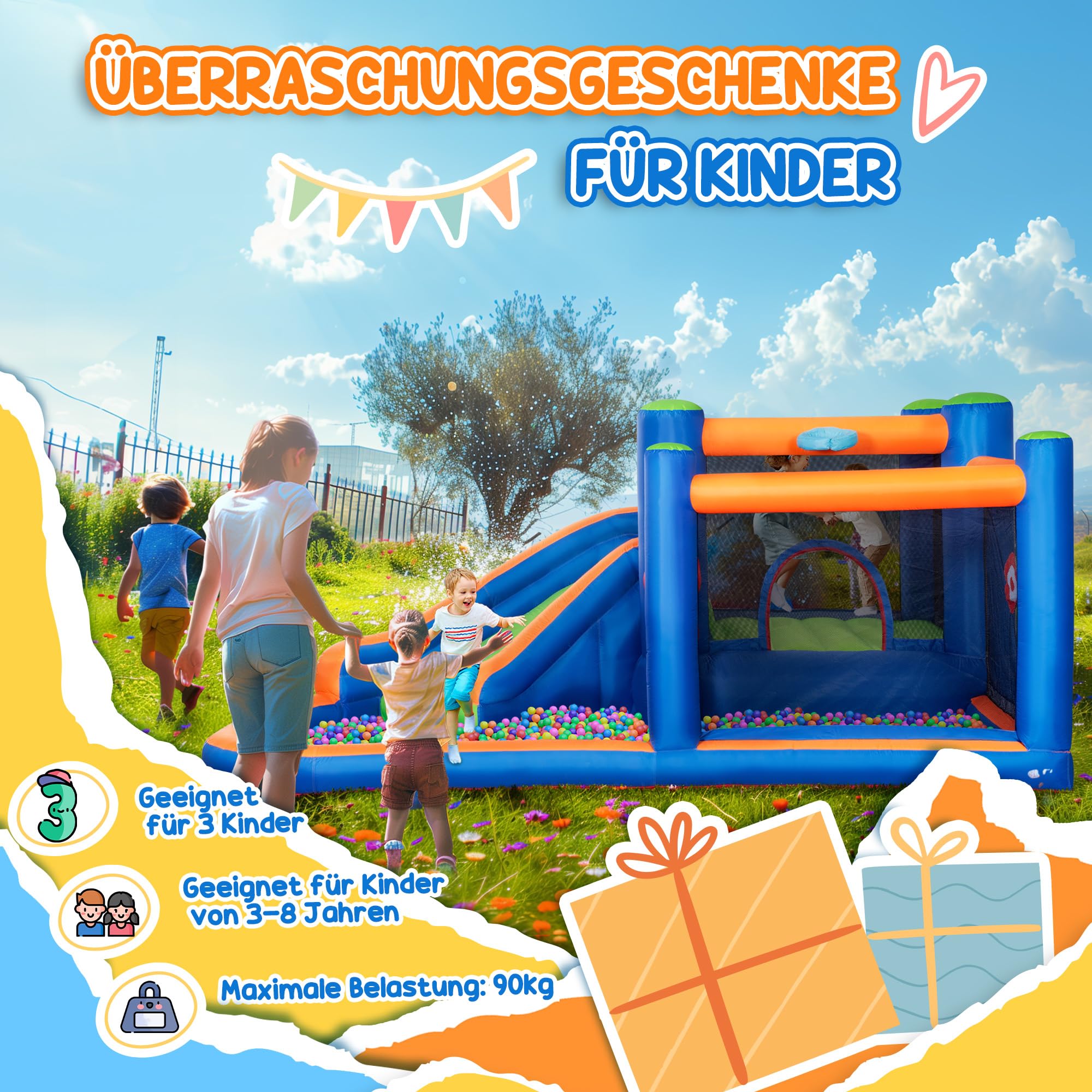 Outsunny Aufblasbare Hüpfburg Wasserpark mit Gebläse Hüpfburg mit Wasserrutsche Basketballkorb Aufblasbare Wasserspielcenter für Kinder ab 3 Jahren Trampolin Pool 380 x 340 x 170 cm 9