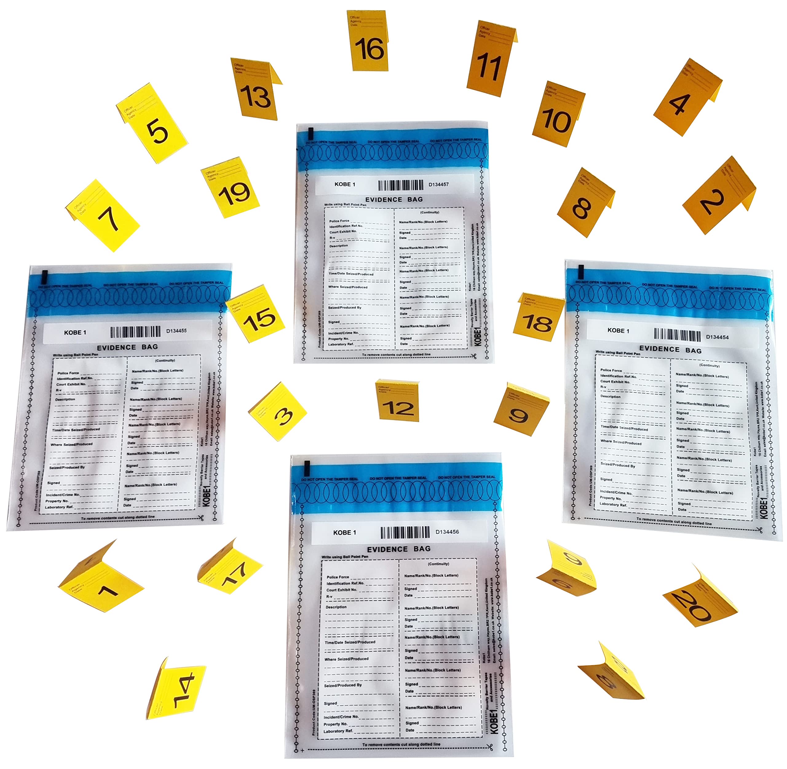 Evidence Collection bags (x4),Photo Evidence Markers,Frames ,Cards:1-20,(7cm x 4cm).Crime Scene,CSI,Police props.