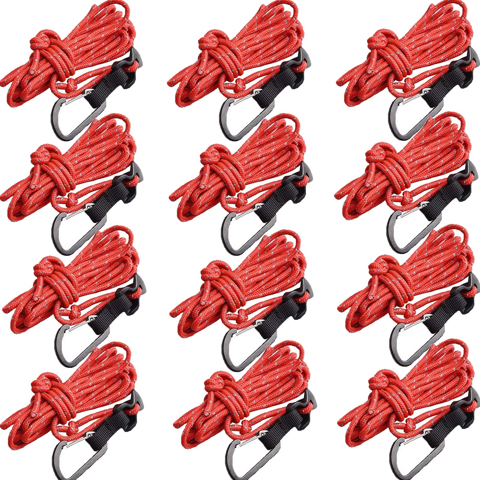 12 Pieces Outdoor Guy Ropes, Reflective Guy Lines Tent Cords Camping Rope with Guylines Adjuster Tensioner Pouch, Fixing Carabiner for Tent Tarp Canopy Shelter Camping Hiking Backpacking