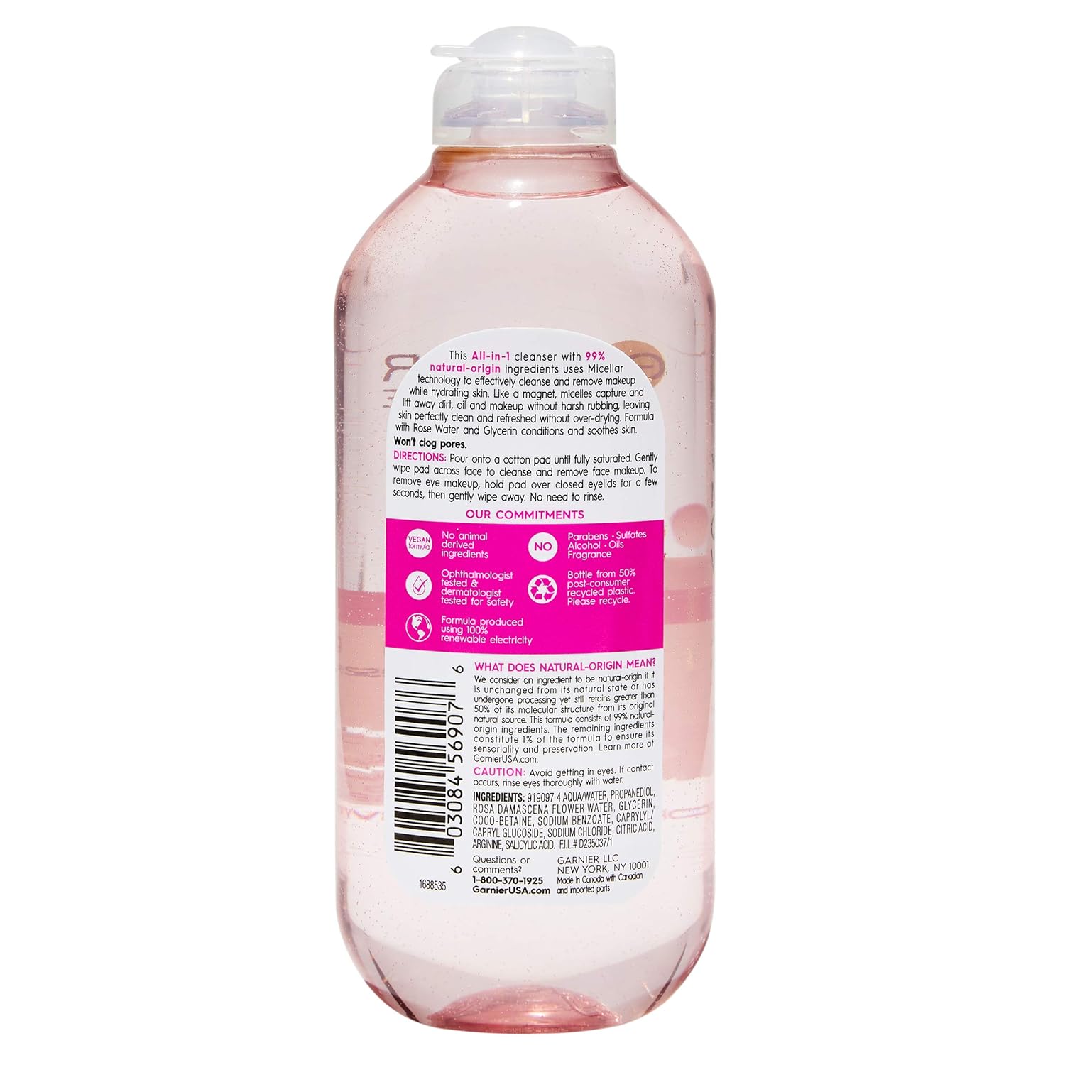 Garnier SkinActive Micellar Cleansing Water with Rose Water and Glycerin, All-in-1 Hydrating, For Normal to Dry Skin, 13.5 Fl Oz: Beauty