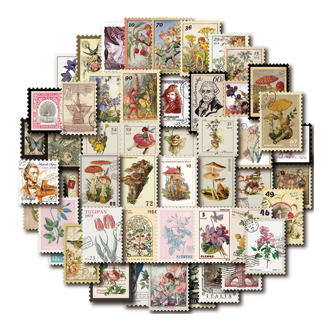 Vintage Postage Stamp Stickers for Scrapbook, 100 Pcs Deco Paper Stickers for Bullet Journal,Botanical Fairy Sticker for Junk Journal, DIY Crafts,Collage Album (Stamp-Like)