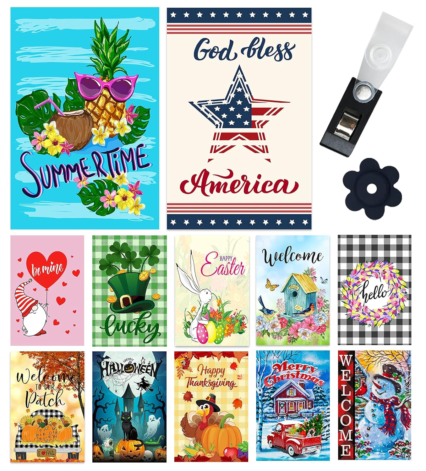 Yileqi Seasonal Garden Flags Set of 12 Double Sided Summer 4th of July Garden Flag, Small Yard Flag for Holiday Outdoor Decorations 12.5x18 Inch, with Free Anti-Wind Clip and Stopper