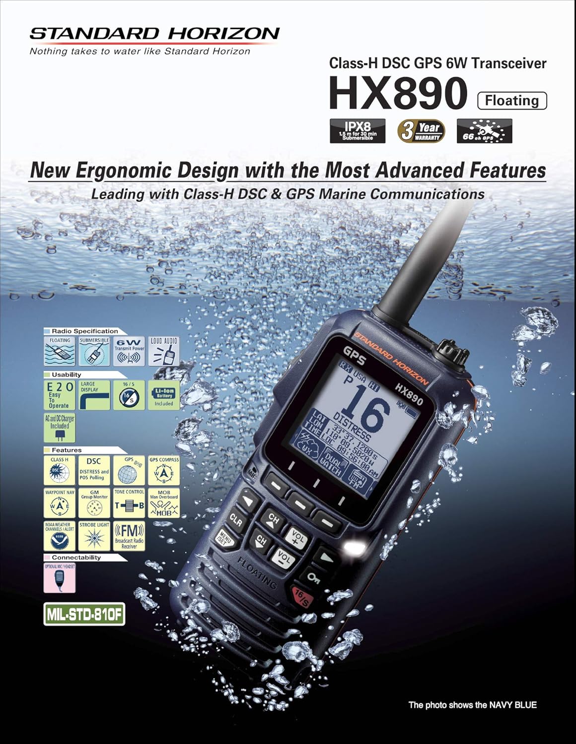 Standard Horizon HX890 Handheld VHF Navy Blue - Floating 6 Watt Class H DSC Two Way Radio: Car Electronics