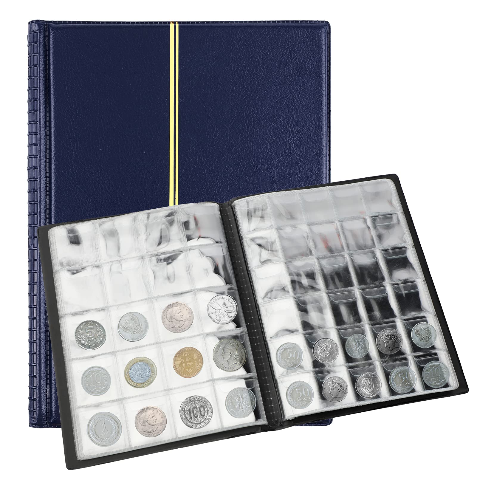 SAVITA 250 Pockets Coin Album 10 Pages Leather Coin Collection Book Penny Collecting Book for Coin Collectors (Deep Blue)