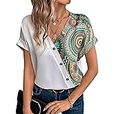 Flamingals Boho Ethnic Print V Neck Button Front Shirt for Women Summer Beach Vacation Tops