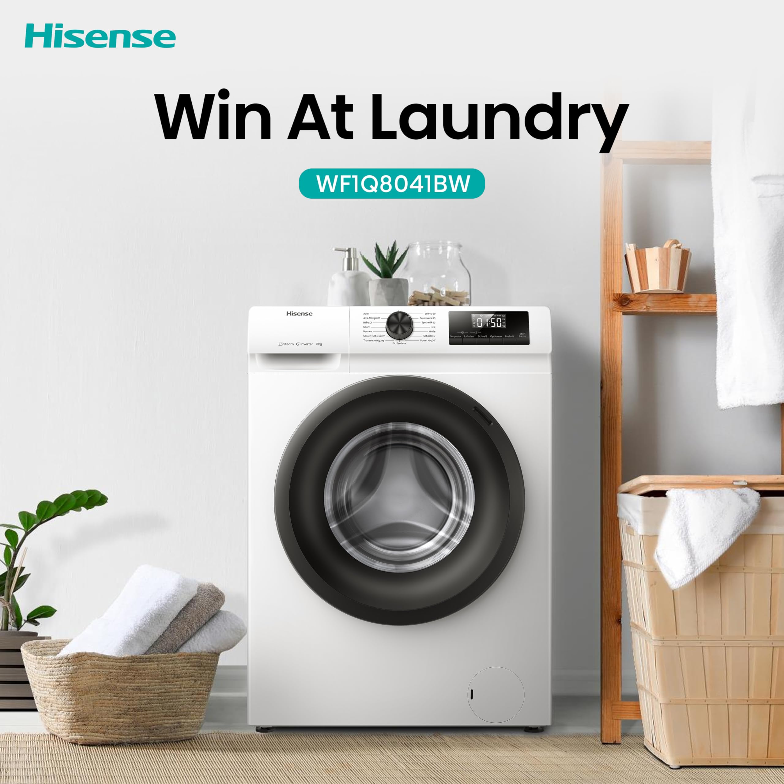 Hisense WF1Q8041BW Waschmaschine mit Dampffunktion /8KG /1400 U/Min /15 Programme/Anti-Allergie Programm/Baby-Wäsche/AutoWash/QuickWash/Daunen/Eco/Power 49' / Verzögertes Ende/EEK: A/Weiß 8