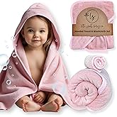 Hooded Baby Toddler Towel and Washcloth Set Made with Viscose from Bamboo, Large Size of 35" x 35", Soft and Absorbent, Baby Essential in Rose
