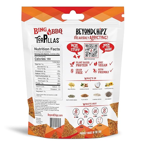 BEYONDCHIPZ KETO TORTILLA CHIPS | LOW CARB PROTEIN CHIPS | 2G NET CARBS & 13G PEA PROTEIN | HEALTHY ALL NATURAL SNACK | GLUTEN FREE | GRAIN FREE – BING BBQ FLAVOR, SINGLE 5.3OZ BAG