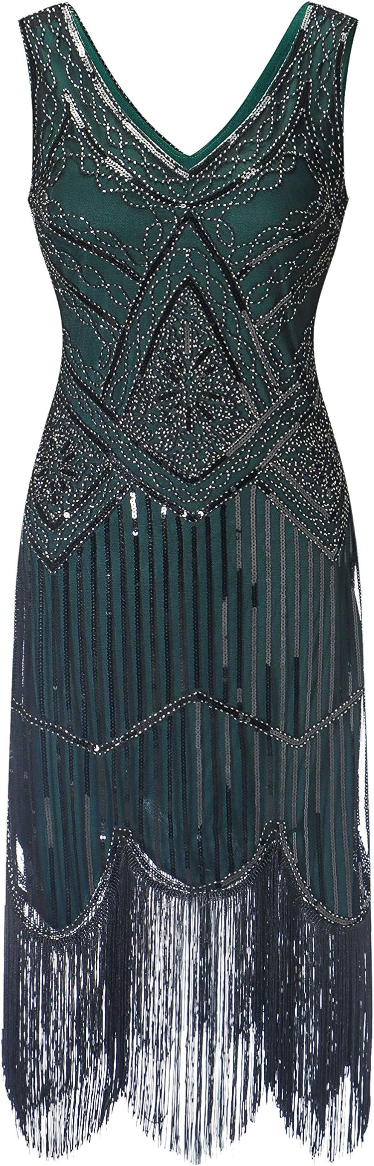 S-3xl 4XL 5XL Women's 1920s Gatsby Cocktail Sequin Beaded V-Neck Fringed Tassels Hem Flapper Dress