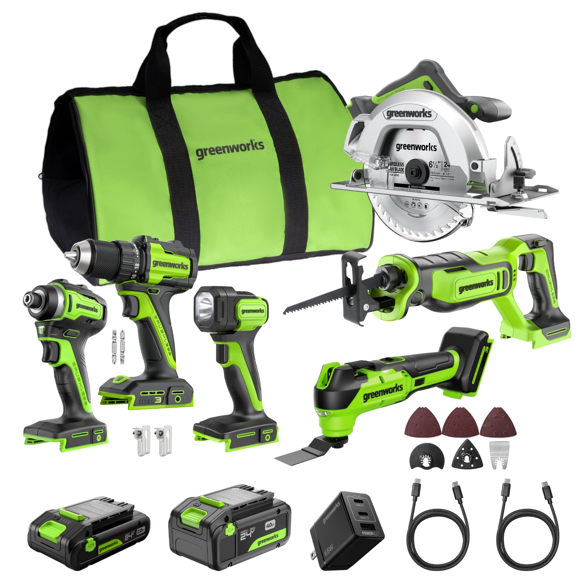 GREENWORKS 24V (6-TOOL) Combo (Drill, Impact Driver, Circular Saw, Reciprocating Saw, Multi-Tool, Flashlight), 4.0Ah + 2.0Ah (24,000mAh Power Bank) Batteries, (2) Cables, 65W Rapid Charger Image