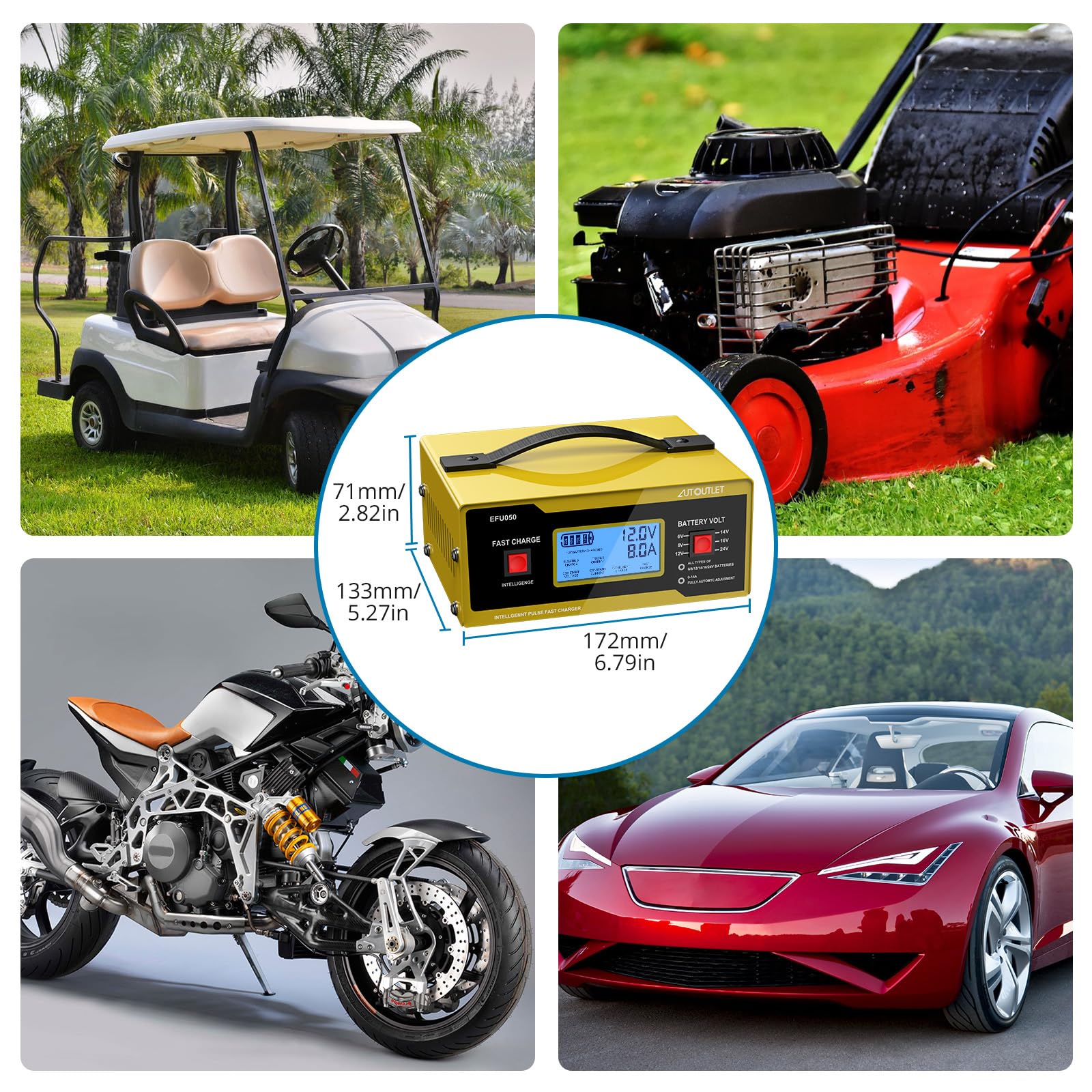 AUTOUTLET Ladegerät Autobatterie, 6/8/12/14/24V Smart vollautomatische KFZ Batterieladegerät Erhaltungsladegerät mit LCD Bildschirm, 0-14A Batterie Ladegerät für Auto Motorrad Rasenmäher Boot(Gelb) 7
