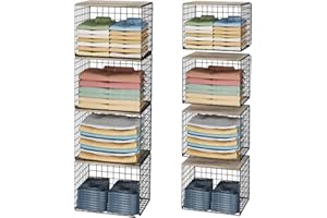 CIDAZIYA 4PCS Wider Closet Organizers and Storage, Stackable Closet Shelf Organizer Storage Bins with Wood Top for Sweaters Jeans, Clothes Organizer Shelves for Wardrobe System Rack, Space-Saving,Sturdy Metal