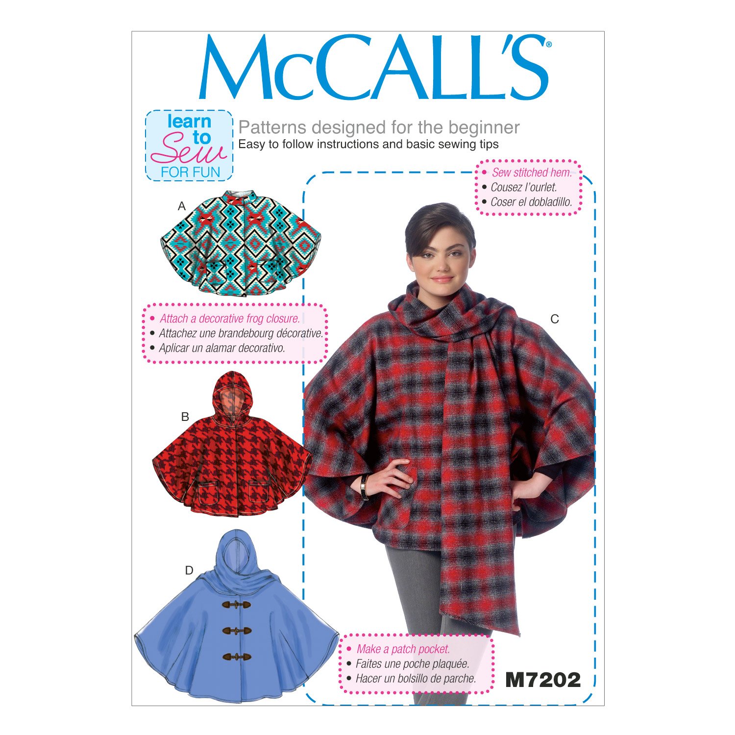 McCall's Patterns 7202, Misses Ponchos,Sizes (16-18) (20-22) (24-26), Wool, Multi-Colour, ZZ (LRG-XLG-XXL)