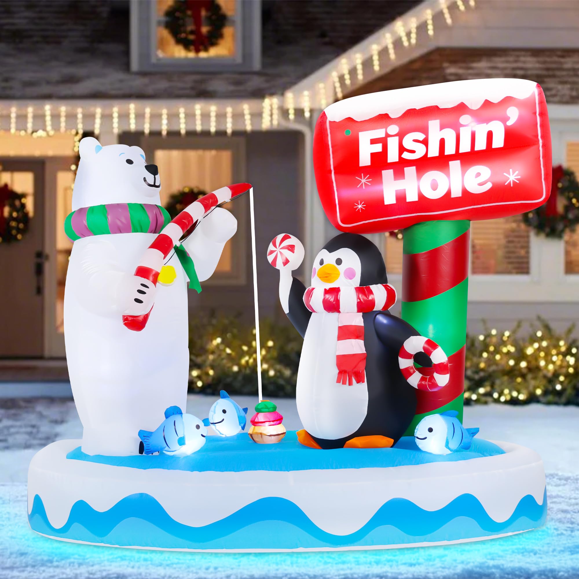 Photo 1 of ***Heavily used dirty**** 9FT Long Christmas Inflatables Decorations, Outdoor Penguin & Polar Bear Fishing Giant Blow Up with Built-in LED Lights for Yard Garden Lawn Holiday Decor