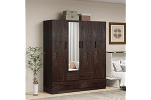 WonderWard Armoire Wardrobe Closet, Wardrobe Closet with 4 Doors, Wardrobe Closet with Storage Cabinet, Wardrobe Cabinet with Storage Drawers, Black Walnut Armoire with Hanging Rod(71"H x 63"W x 20"D)