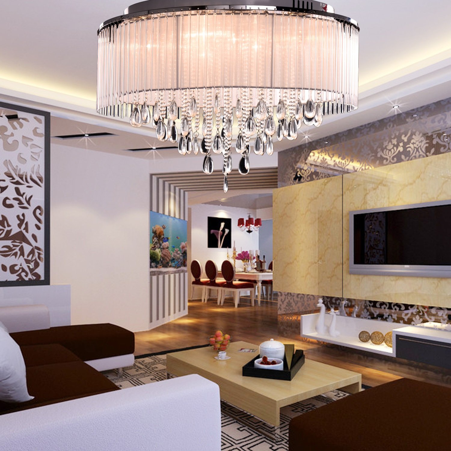 OOFAY LIGHT Modern Crystal Ceiling Light In Cylinder Shade With