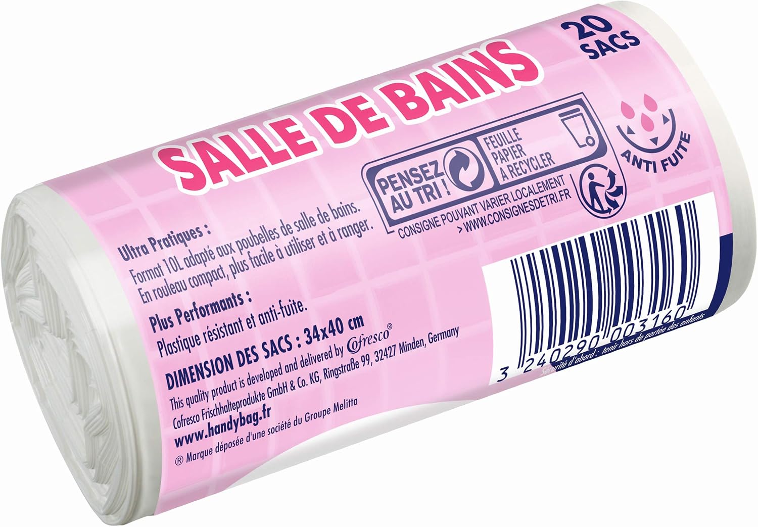 Handy Bag Handy Bag Roll of 20 Bin Liners 10 L for Bathroom, Airtight, Durable, Leak-proof, 34 x 40 cm, White - Image 3