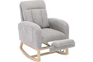 Garvee Solid Wood Frame Glider Rocking Chair, Teddy Plush Fabric Nursery Rocker with Adjustable Footrest, Storage Pocket and 