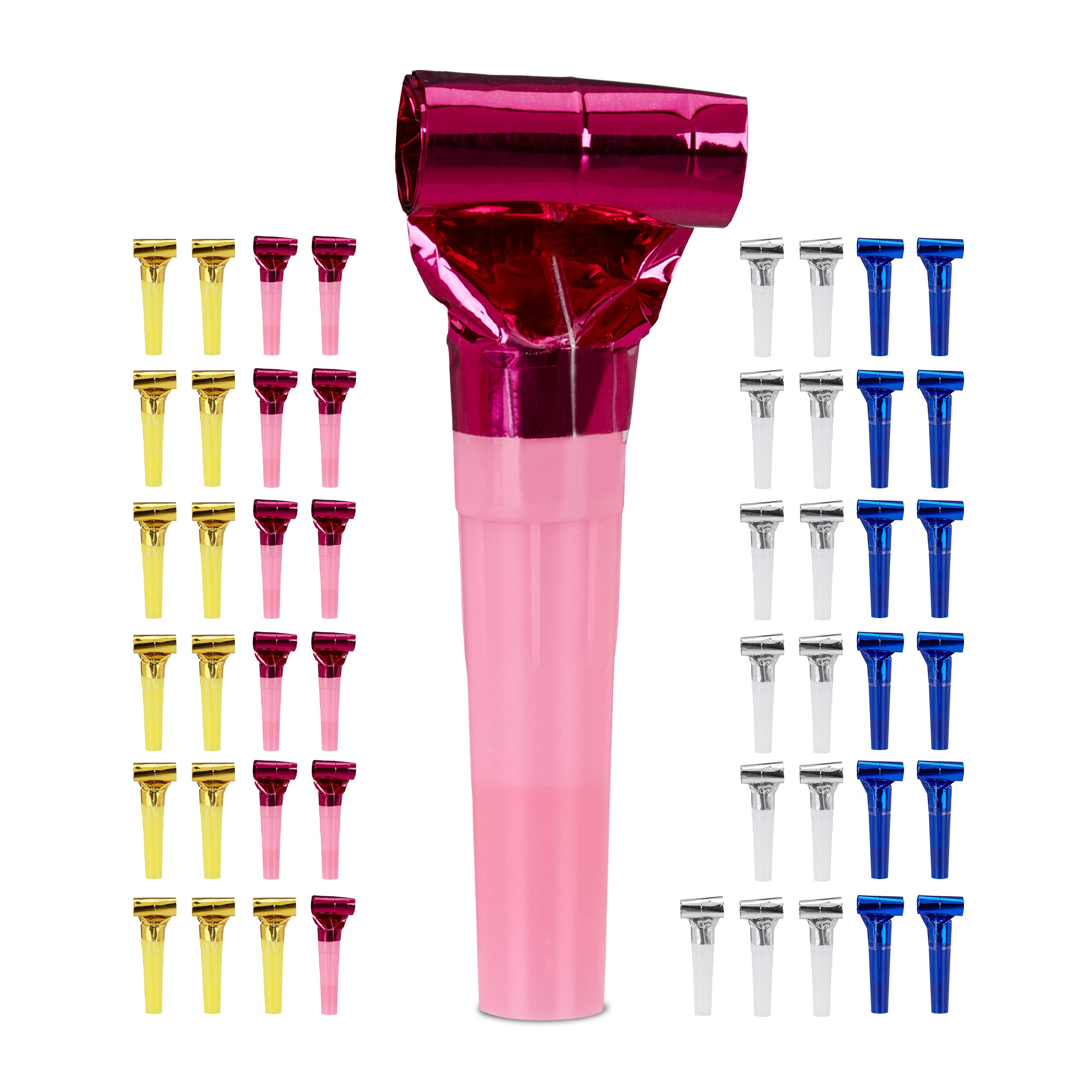 Relaxdays Party Blowers Pack of 50, Kids’ Noisemakers, Birthday Treats, Trumpet Set, Whistle, Multicolour