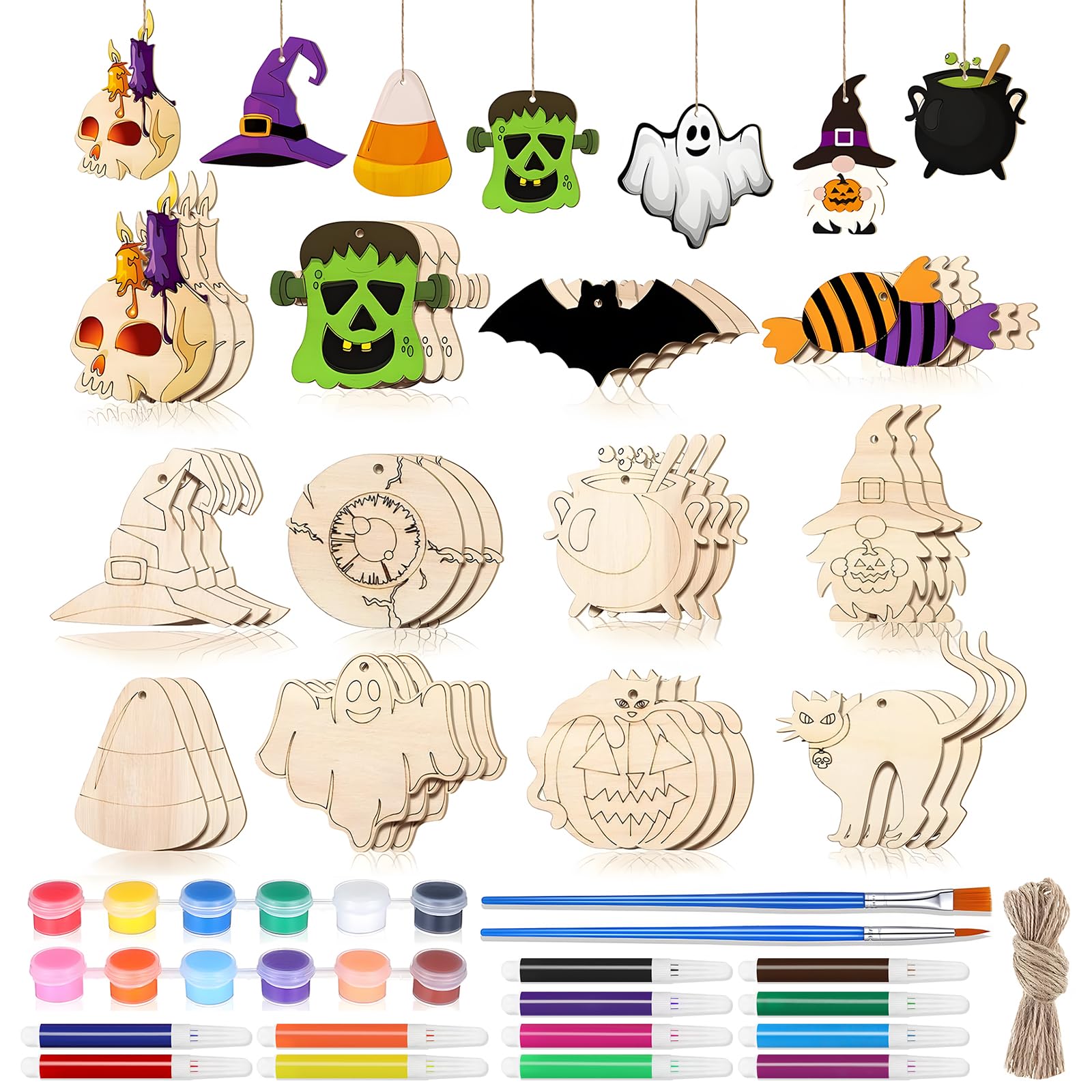 Kaluofan Halloween Crafts for Kids, 36 PCS Halloween Arts and Crafts for Kids, Hanging Ornaments Tree Decorations, 12 Styles DIY Wooden Craft Shapes and 12 Watercolor Pen, 12 Color Pigment