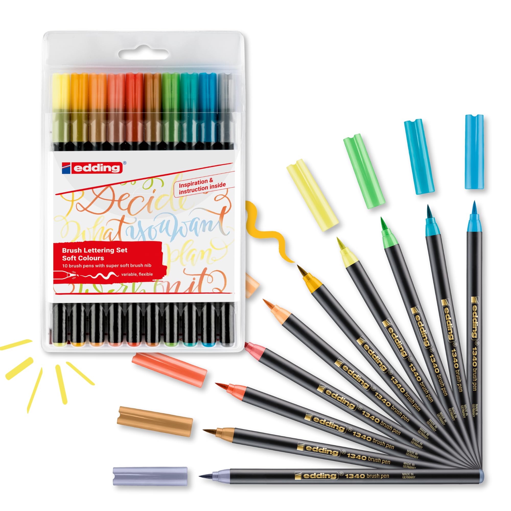edding 1340 brush pen - set of 10 - soft colours - flexible brush nib - felt-nib pen for painting, writing and drawing - bullet journals, hand lettering, mandalas, calligraphy