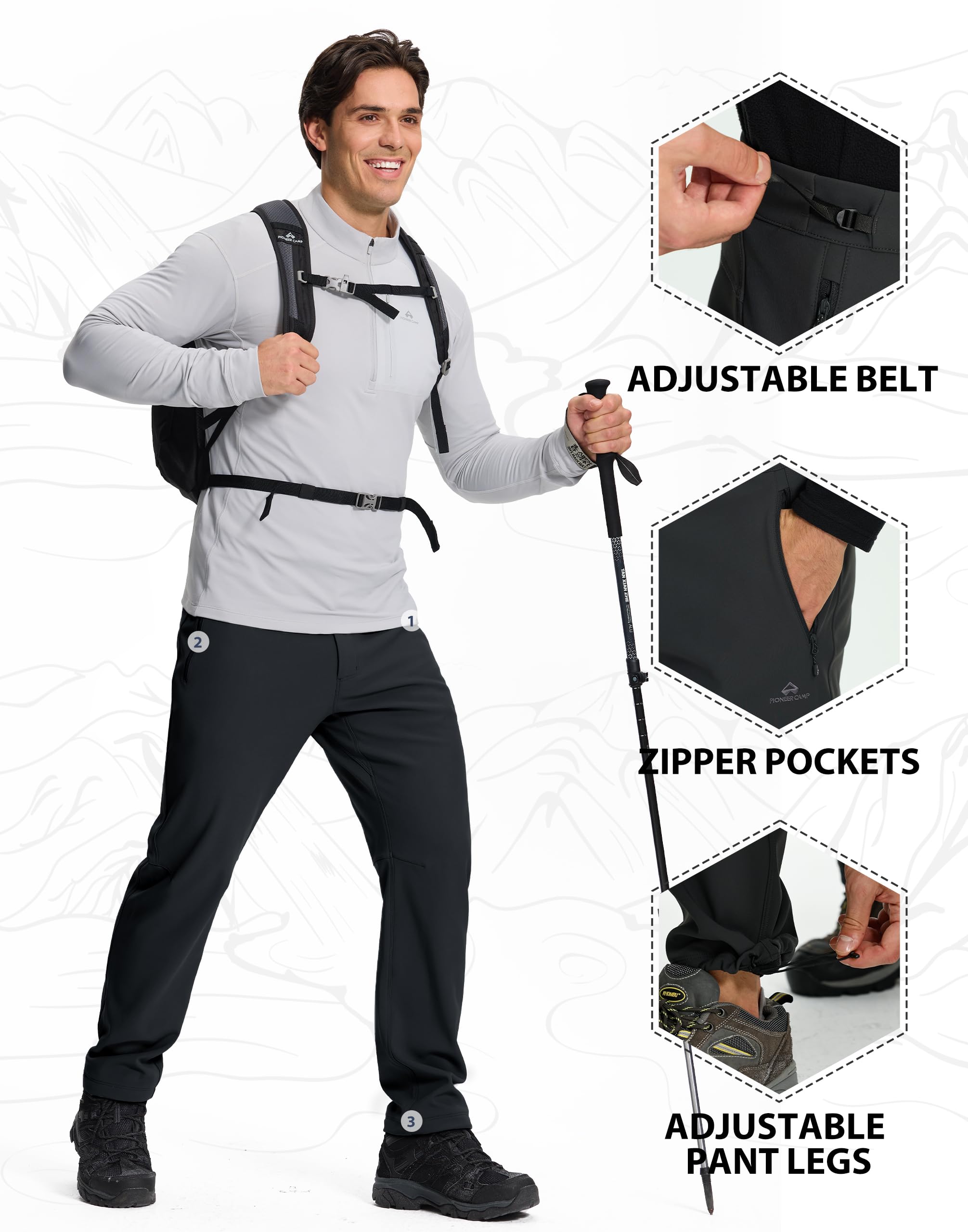 Pioneer Camp Wanderhose Herren Outdoor Trekkinghose 4-Wege Stretch Wasserabweisend Atmungsaktiv Schnell Trocknend Hose mit Reißverschluss für Klettern Bergsteigen(Black;L) 5