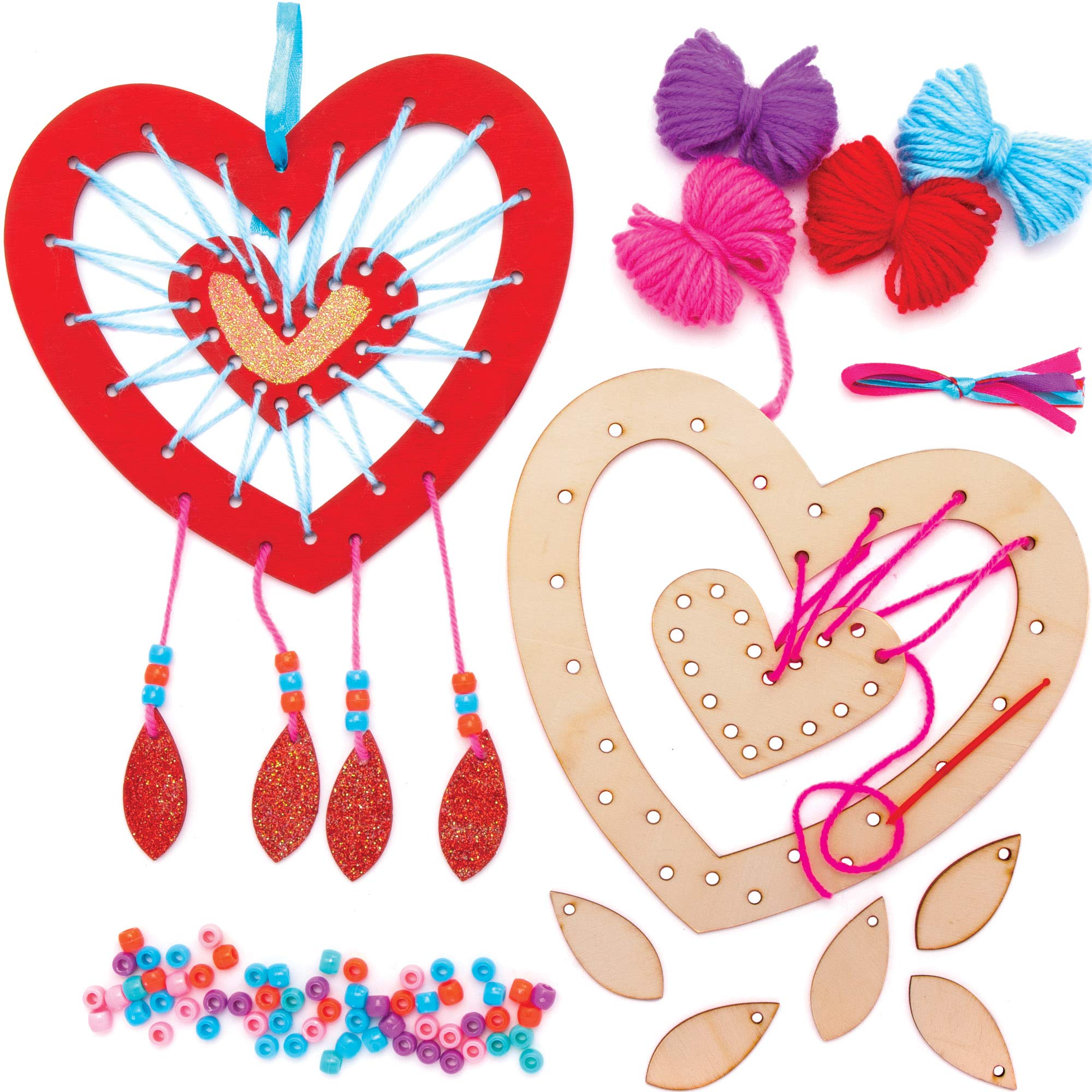 Baker Ross AT366 Heart Wooden Dreamcatcher Kits, Heart Shaped Template with Wool and Beads to Decorate (4 Pack), Blue,Pink,Purple,Red