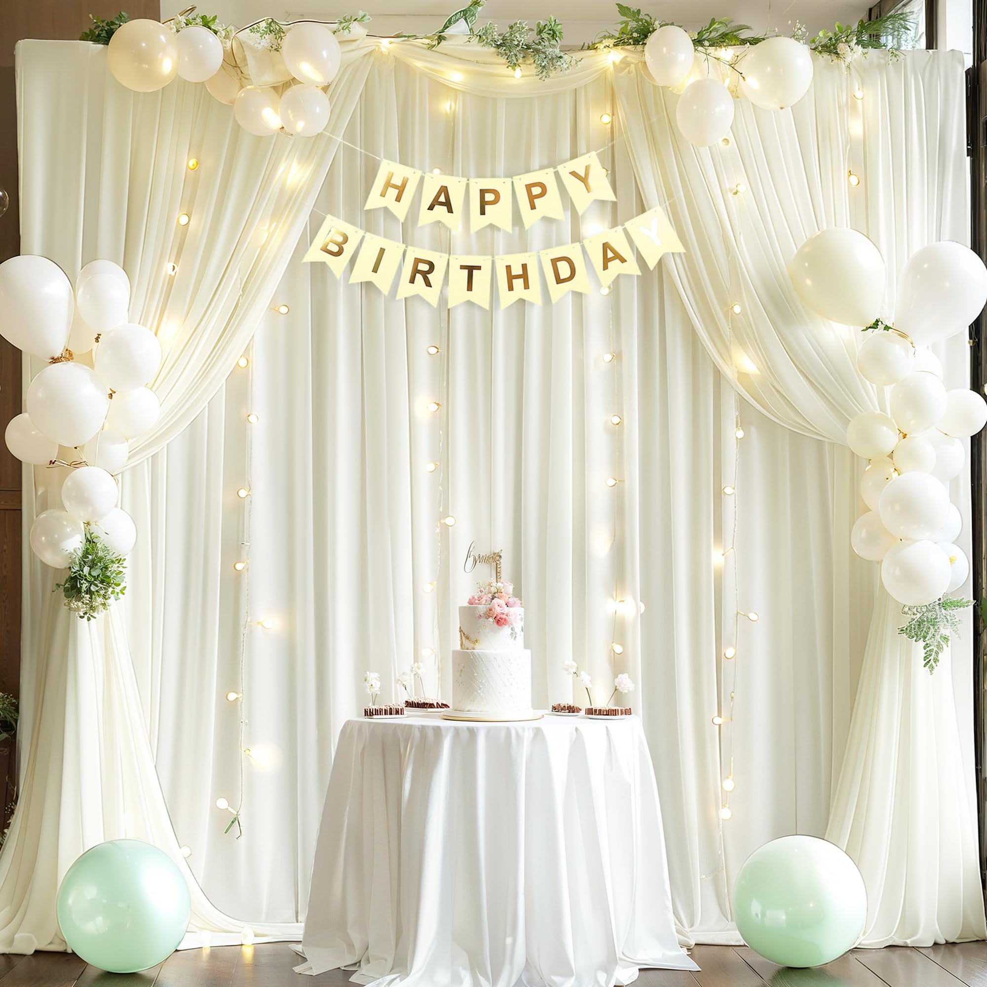 Photo 1 of Wish Care 10x10ft Cream White Backdrop Curtains with Lights String for Parties Wedding Wrinkle Free Curtains Soft Fabric Photo Drapes for Birthday Baby Shower Photography Background 5x10ft, 2 Panels