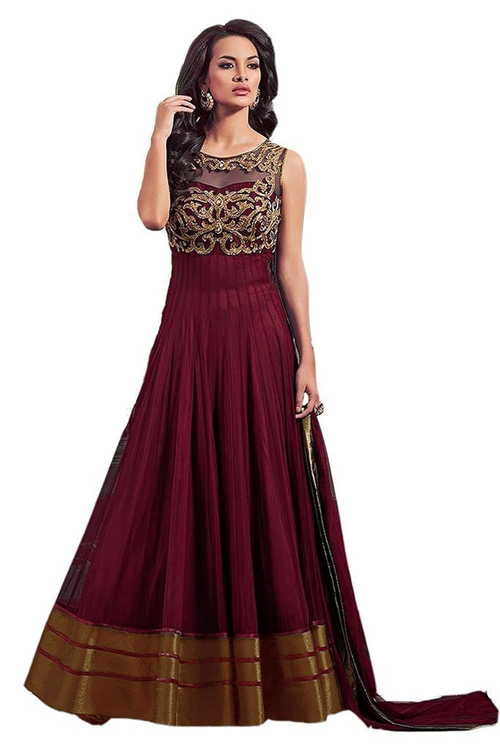 jk creation women's net semi-stitched gown ( maroon )