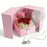 Acosse Deluxe Preserved Real Roses Jewelry Box - Handmade Guardian Hug Bear with Secret I Love You Necklace in 100 Languages - Valentine's Day Gift Idea - Gift for Her, Girlfriend, Wife