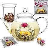 Teabloom Heatproof Borosilicate Glass Teapot (40 OZ) with Removable Loose Tea Glass Infuser – Includes 2 Blooming Teas – 2-in