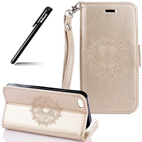 Hülle für iPhone 5S,für iPhone SE,BtDuck Hülle Gold Mandala Flip Case Blume Schutzhülle Leder Cover für iPhone SE/5S/5 PU Led