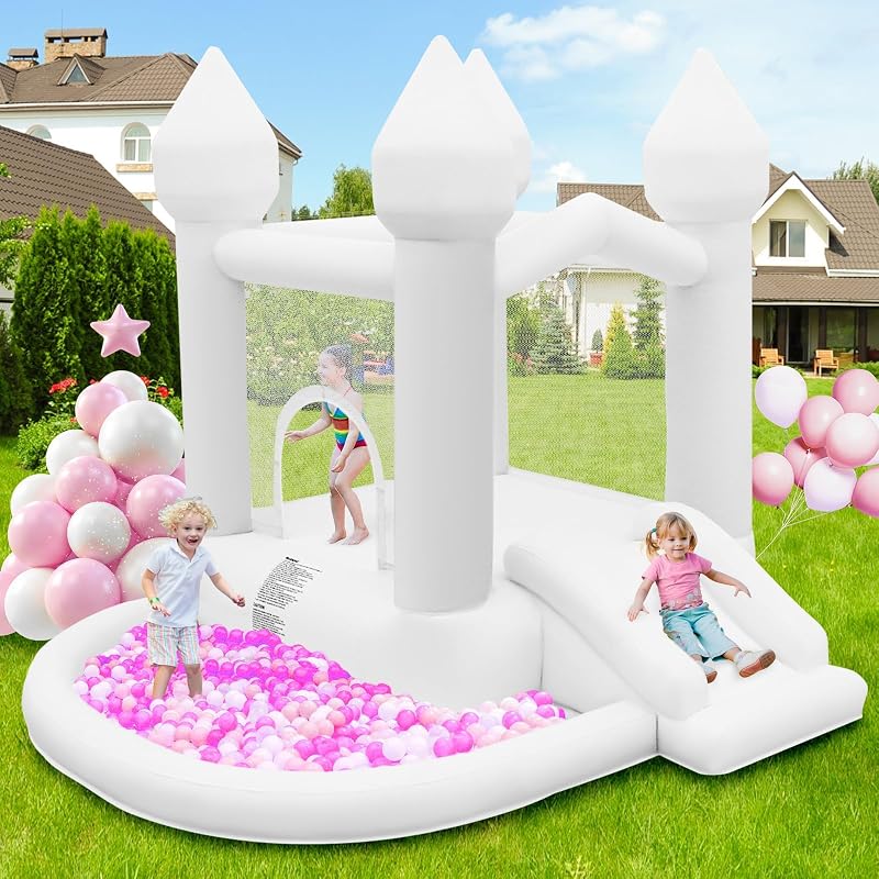 FBSPORT White Inflatable Bounce House Castle Slide Ball Pit Trampoline Blower
