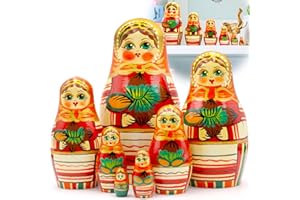 AEVVV Russian Nesting Dolls Set of 7 pcs - Matryoshka Nesting Dolls in Orange Dress and Head Scarf with Hazelnuts - Hand Painted Russian Dolls Nesting Dolls